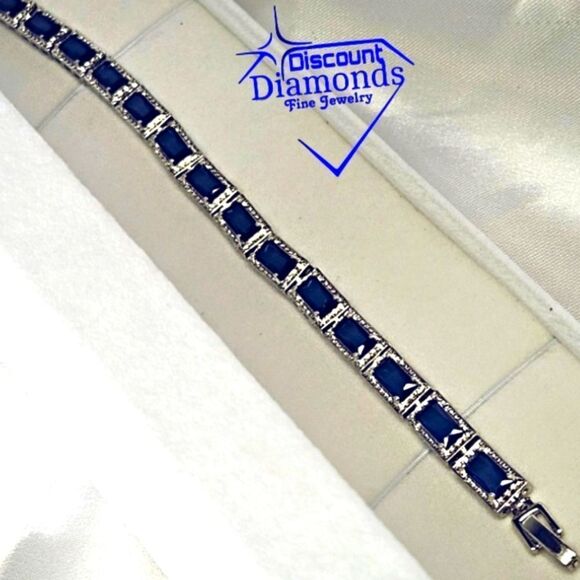 Blue Rectangular 5 mm Princess Cut Topaz Tennis Bracelet on 925 Silver - Picture 8 of 10